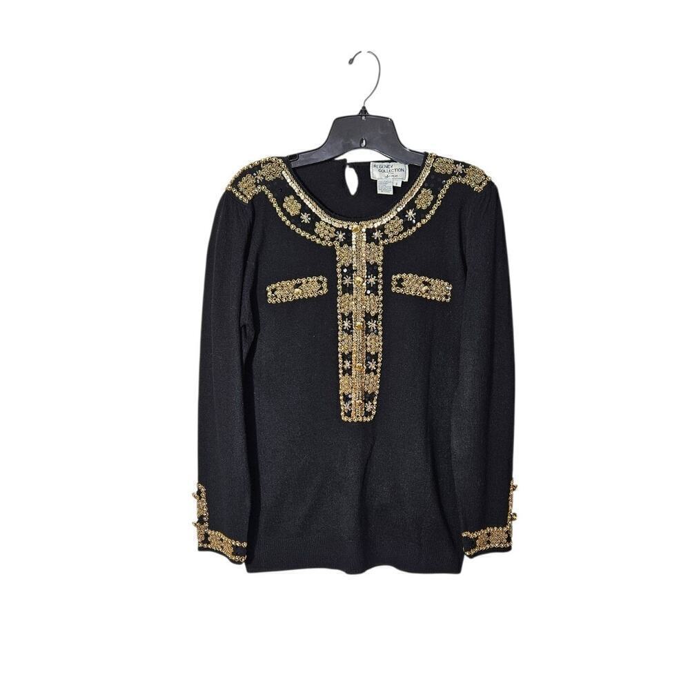 VTG Regency Collection For Joyce Gold Embellished Beaded Knit Sweater Size Small
